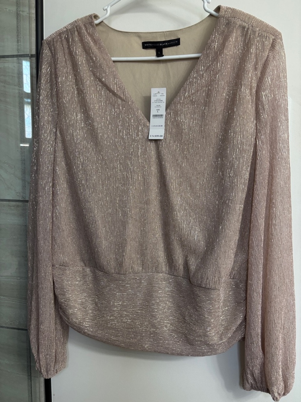 White House Black Market Metallic Taupe V-Neck Long Sleeve Blouse